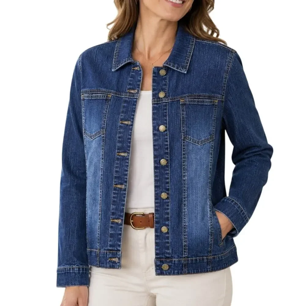 Chico's Denim Buttoned Jean Jacket (0) S Outdoor Minimalist Neutral Basic Coat